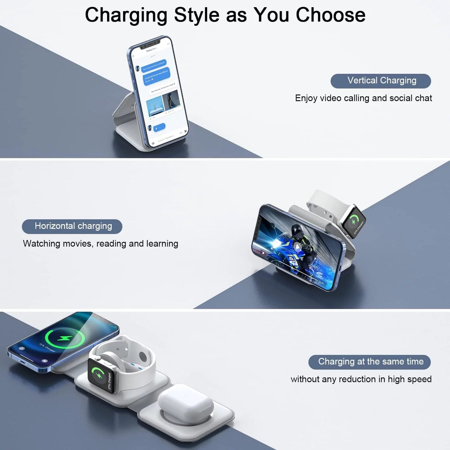 3-In-1 Wireless Charging Station, Magnetic Foldable Design Charging Station Compatible with Multiple Devices Including Iphone 16/15/14/13 Series, Airpods 4/3/Pro, and Iwatch