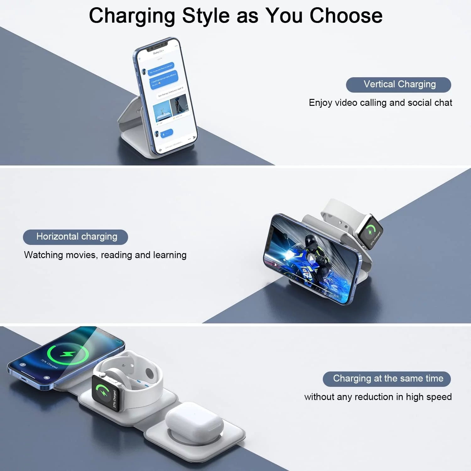 3-In-1 Wireless Charging Station, Magnetic Foldable Design Charging Station Compatible with Multiple Devices Including Iphone 16/15/14/13 Series, Airpods 4/3/Pro, and Iwatch