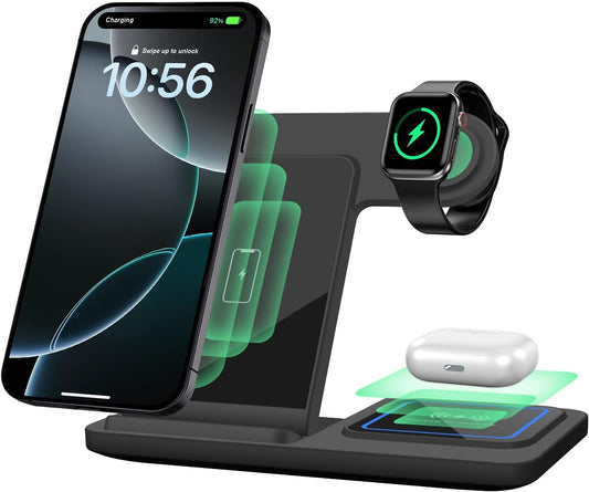3 In 1 Foldable Fast Wireless Charging Station Stand Dock - black