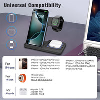 3 In 1 Foldable Fast Wireless Charging Station Stand Dock - black