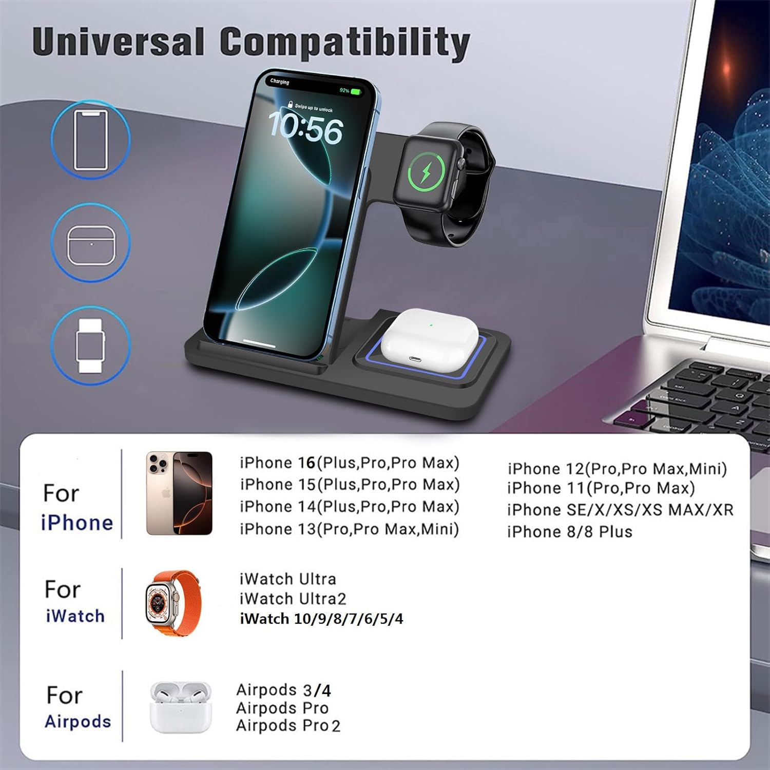 3 In 1 Foldable Fast Wireless Charging Station Stand Dock - black