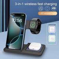 3 In 1 Foldable Fast Wireless Charging Station Stand Dock - black